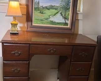 Vintage Unknown Maker Simulated Wood Desk W Lamp And Susan Leach Signed Landscape Painting