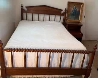 Vintage Spindle Wooden Bed Full Size With Matching Walnut Nightstand
