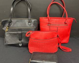 Black Leather Like Fossil Handbag Wallet And 2 Red Handbags Unknown Maker