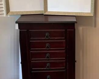 Vintage Wood Jewelry Chest W Pair Of Framed Hummingbird Prints