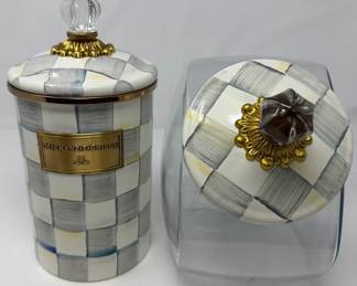 05 MackenzieChilds Enamel Sterling Check Canister W Lid And Sweets Jar W Glass Body And Enamel Lid