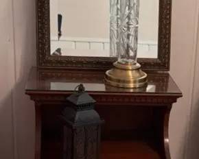 Davis Cabinet Company Solid Wood Walnut Nightstand , Mirror, Lamp, And Decorative Metal Lantern