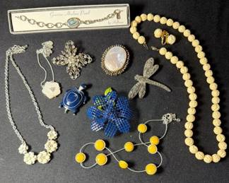 Vintage Inspired Costume Jewelry Abalone Bracelet Pin, Carved Bead Necklace Clip Earrings More