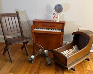 Vintage Childrens Toys Wooden Doll Crib, Toy Piano, Skates, Chair And More