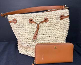 Authentic Lauren Ralph Lauren Straw Drawstring Bag And Wallet