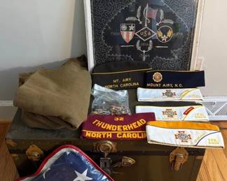 Vintage Footlocker With Military Memorobilia Army Blanket Folded Flag Garrison Caps Pins