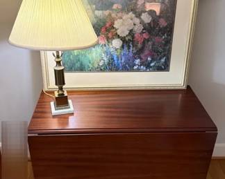 Vintage DuncanPhyfe Style Drop Leaf Table, Marble Metal Lamp With Large Floral Framed Print