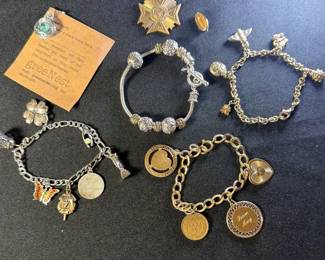 Pandora Like Bracelet,Gold Silver Tone Charm Bracelets And Veterans Of Foreign Wars Badge And More
