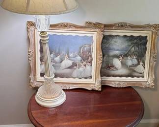 CG Furniture Wooden Oval Side table With Lamp And Ballet Themed Artworks