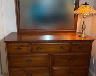 06 Davis Cabinet Company Solid Wood Walnut Dresser with Mirror and TiffanyStyle Lamp