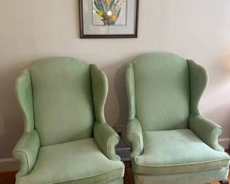 2 Hammary Seagreen Upholstered Wingback Chairs With Framed Art