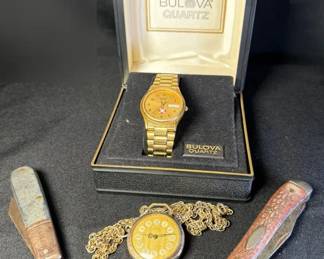 Bulova Quartz Watch, Vintage Coro Gold Tone Pendant Watch, Vintage Barlow Pocket Knife