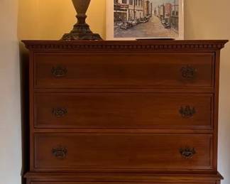 Vintage Davis Cabinet Co Highboy Aged Walnut Finish Classic Brass Hardware , Metal Lamp And More
