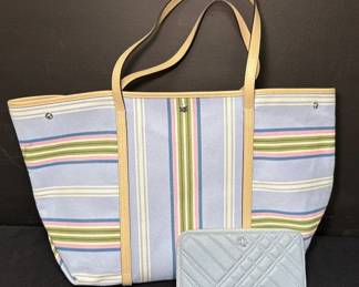 Authentic Lauren Ralph Lauren Striped Twill Extra Large Emerie Tote And Matching Wallet