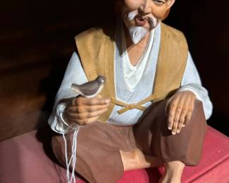 Rare MCM Japanese Hakata Urasaki clay ceramic Old Man with Bird on hand, post WW2 souvenir