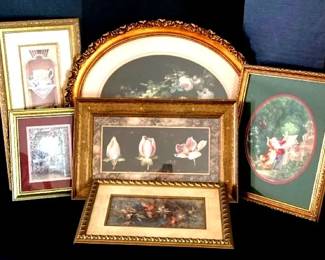Assortment of Golden Framed Art Including Awakening Rose
