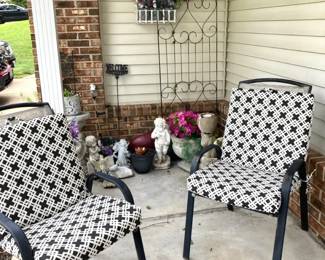 Garden Planters, Statues, Metal Art, Pair of Chairs Cushions