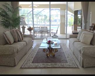 Matching Super Comfy Sofas, Attractive Rug, Cool Glass Top Coffee Table and Large Faux Fern