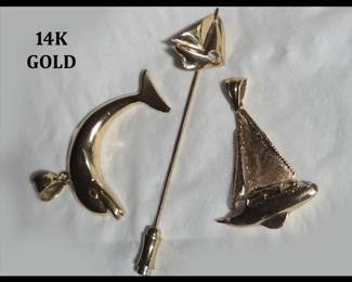 14K Gold Dolphin & Sailboat Pendants and 14K Gold Sailboat Stick Pin