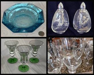 Vintage Ashtray, Silver Overlay Salt & Pepper Shakers and Vintage Glassware