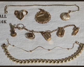 14K Gold Charm Bracelet, Slide, Shell Necklace and Bracelets