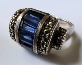 Art Deco Style Marcasite and Blue Glass Ring