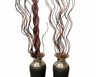 Tall Twisted Curly Willow Branches with Metallic Silver and Matte Black Floor Vases