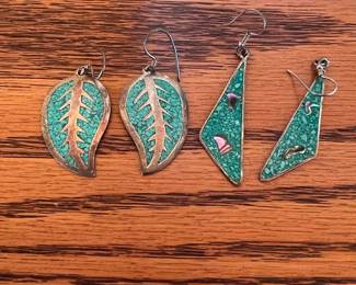 Mexican Alpaca Silver Turquoise Inlay Fan & Triangle Earrings