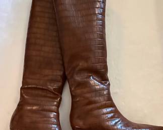 Brown Croc-Embossed Kitten Heel Boots and Black Suede Cap-Toe Boots