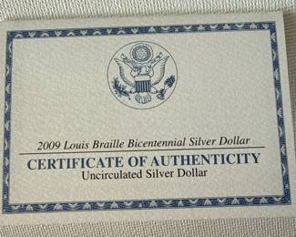 2009 Louis Braille Bicentennial Silver Dollar with COA