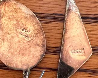Mexican Alpaca Silver Turquoise Inlay Fan & Triangle Earrings