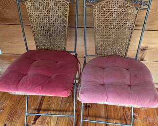 Vintage Wrought Iron and Rattan Bistro Set with 4 Chairs