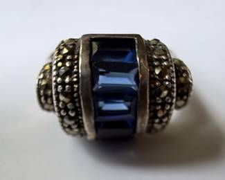 Art Deco Style Marcasite and Blue Glass Ring