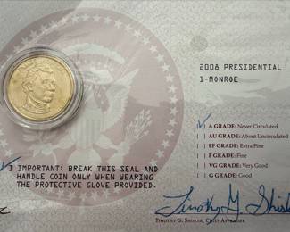 2008 James Monroe Presidential A-Grade Dollar Coin with Certificate of Official Asset Grading Registration