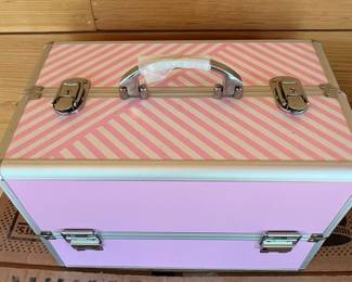 Beautify Pink Stripe Makeup Train Case with Craft/Bead Supplies