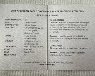 2014-W American Eagle One Ounce Silver Uncirculated Coin with COA