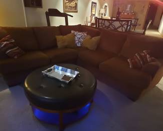Contemporary Style Round Tufted Ottoman with LED Base and Sectional Pottery Barn Sofa