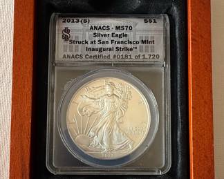 2013-S American Silver Eagle ANACS MS70 Inaugural Strike in Display Box