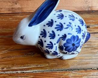Blue and White Floral Bunny Coin Bank