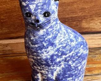 Enesco Blue and White Spongeware Cat Figurine - Bank