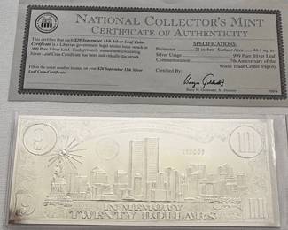 National Collector's Mint September 11th Silver Leaf Coin with COA