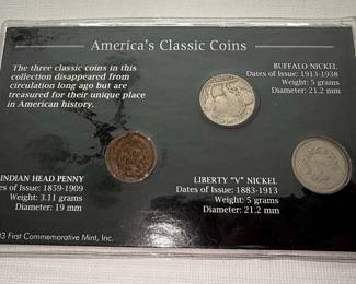 First Commemorative Mint America's Classic Coins Set: Indian Head Penny, Buffalo Nickel, and Liberty V Nickel