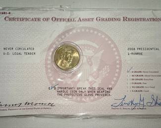 2008 James Monroe Presidential A-Grade Dollar Coin with Certificate of Official Asset Grading Registration