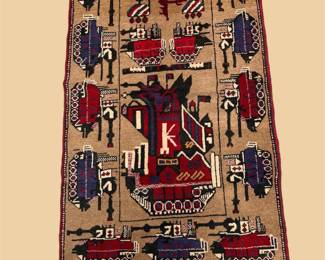 Tribal-style pictorial rug with colorful geometric and figurative details