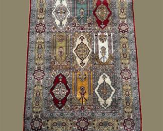 Colorful pictorial rug with decorative architectural and geometric imagery