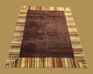 Dark brown contemporary rug with multicolor striped border