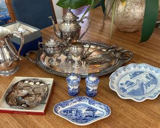 Silver Serving Tray and Spode Dishes