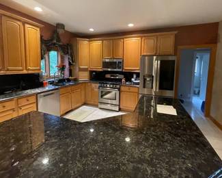 L Shape Kitchen Solid Wood Maple Cabinets with Volga Blue Granite Counter Top & Backsplash $3000