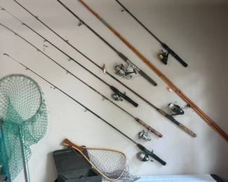 Several fishing rods and reels, bamboo