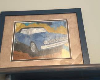 original folk art or amateur painting of a 1963–1966 Dodge Dart convertible (or a print of an original), custom framed “Karen’s Dodge Dart”